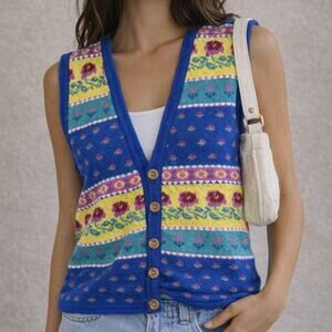 Vintage Bushwacker Knit Vest 100% Cotton Floral Button Front Cottagecore Small